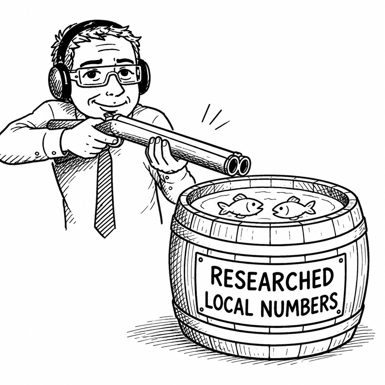 A consultant taking aim at a barrel labeled Researched Local Numbers with fish in it: once the research is done, getting your number is like shooting fish in a barrel